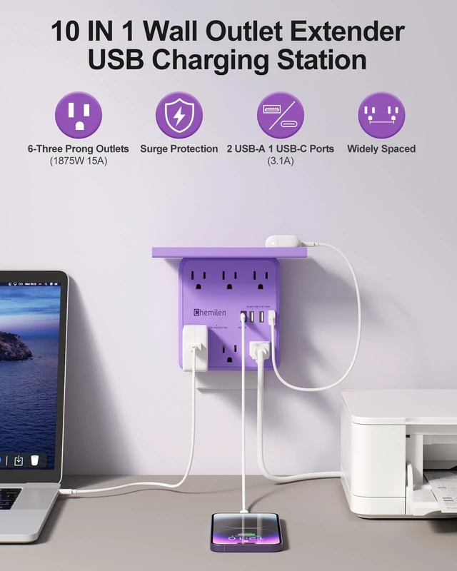 Alt view image 2 of 6 - Wall Charger with Shelf 6 Outlet Extender with USB Ports ETL Listed Purple Power Strip with Adapter Spaced Outlets - Multi Plug Outlet Surge Protector for Home Office Travel