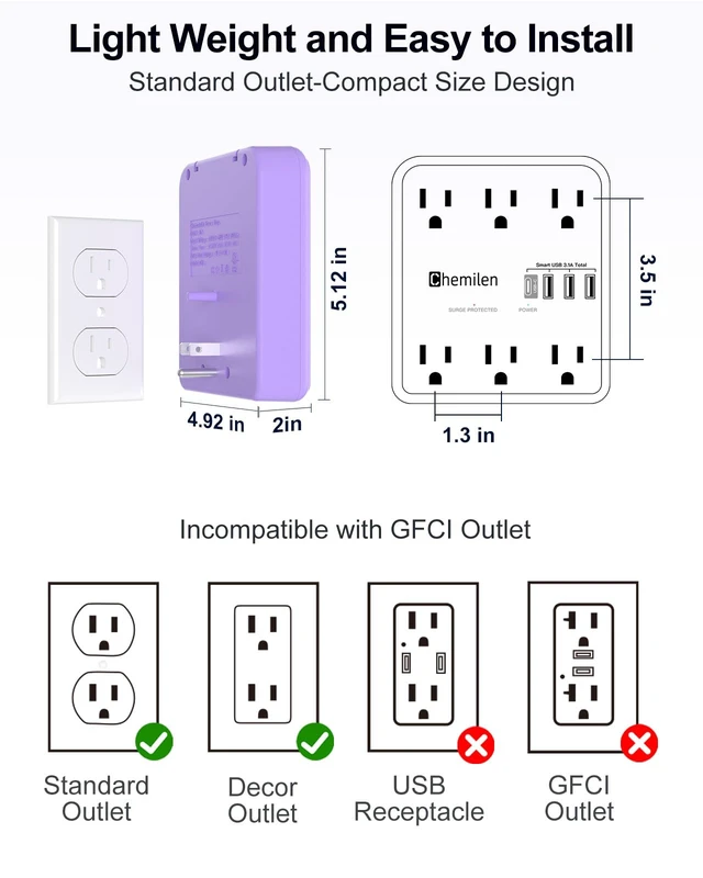 Alt view image 3 of 6 - Wall Charger with Shelf 6 Outlet Extender with USB Ports ETL Listed Purple Power Strip with Adapter Spaced Outlets - Multi Plug Outlet Surge Protector for Home Office Travel