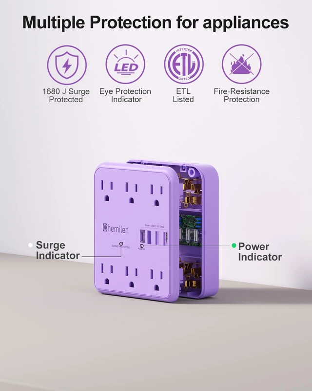 Alt view image 4 of 6 - Wall Charger with Shelf 6 Outlet Extender with USB Ports ETL Listed Purple Power Strip with Adapter Spaced Outlets - Multi Plug Outlet Surge Protector for Home Office Travel