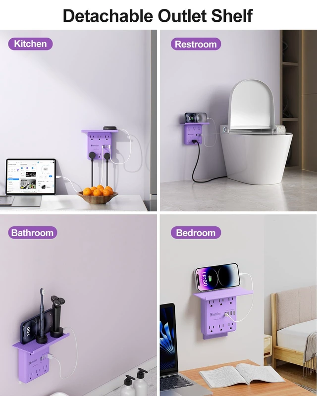 Alt view image 6 of 6 - Wall Charger with Shelf 6 Outlet Extender with USB Ports ETL Listed Purple Power Strip with Adapter Spaced Outlets - Multi Plug Outlet Surge Protector for Home Office Travel