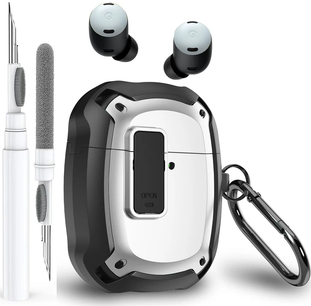 Main image of for Google Pixel Buds Pro 2/ Pro Case Cover with Lock Clip & Cleaner Pen 2024/2022, Shockproof Protective Hard Cover Skin with Carabiner Men Women - Black/White