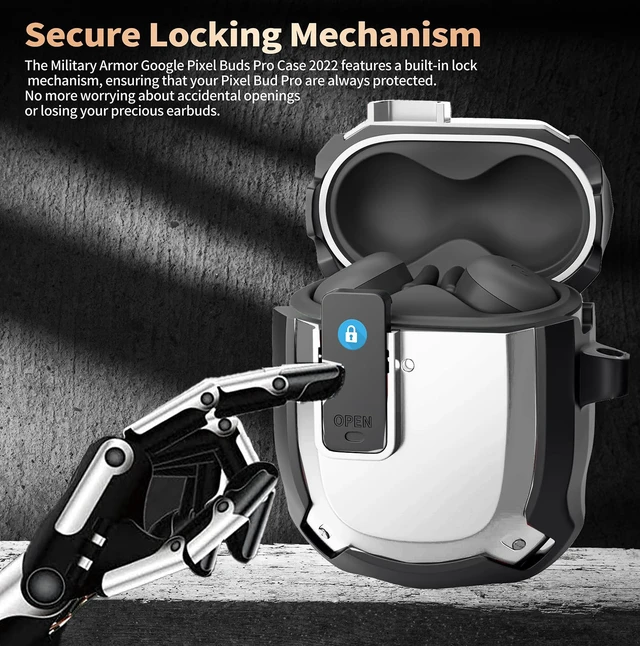 Alt view image 2 of 7 - for Google Pixel Buds Pro 2/ Pro Case Cover with Lock Clip & Cleaner Pen 2024/2022, Shockproof Protective Hard Cover Skin with Carabiner Men Women - Black/White