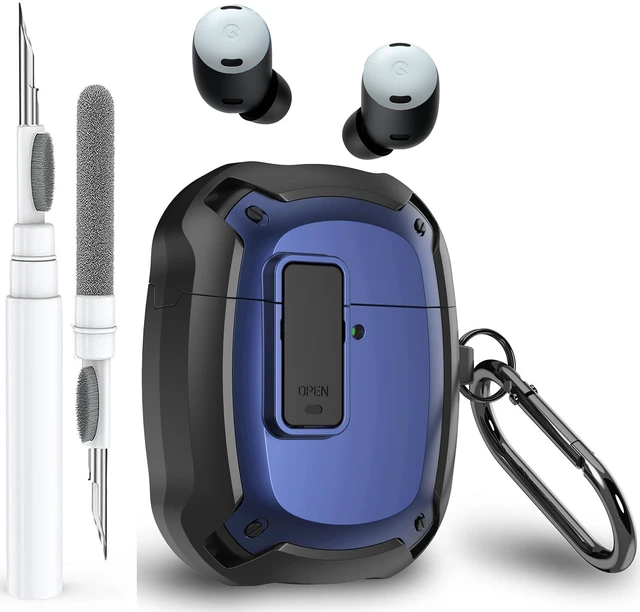 Main image of for Google Pixel Buds Pro 2/Pro Case Cover with Lock Clip & Cleaner Pen 2024/2022, Shockproof Protective Hard Shell Skin with Carabiner Men Women - Black/Blue