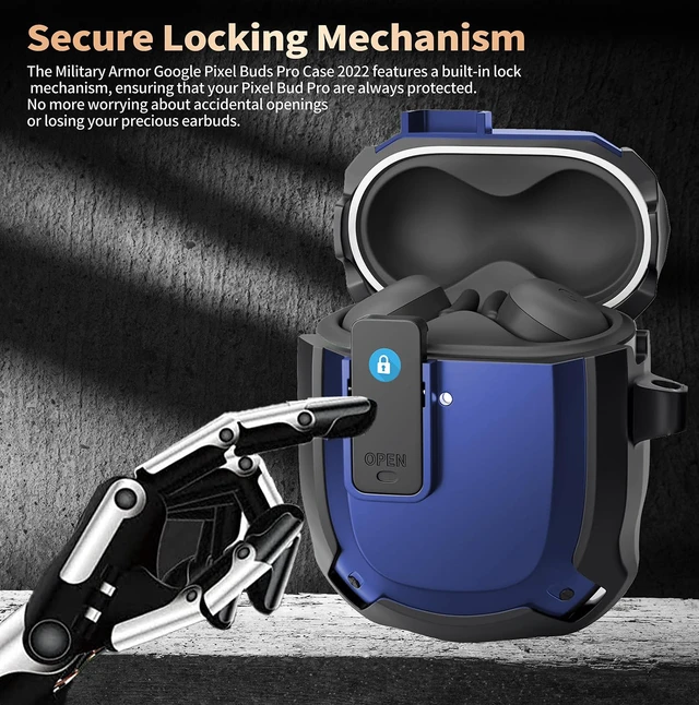 Alt view image 2 of 7 - for Google Pixel Buds Pro 2/Pro Case Cover with Lock Clip & Cleaner Pen 2024/2022, Shockproof Protective Hard Shell Skin with Carabiner Men Women - Black/Blue