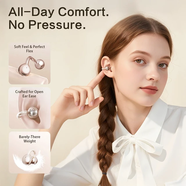 Alt view image 2 of 7 - 2026 Open Ear Clip On Earbuds with Detachable Butterfly Earrings, Bluetooth 6.0 Wireless Headphones for Women, 50H Playtime, Lightweight & Pain-Free Fit for Small Ears, IPX6Great Gift (Gold)