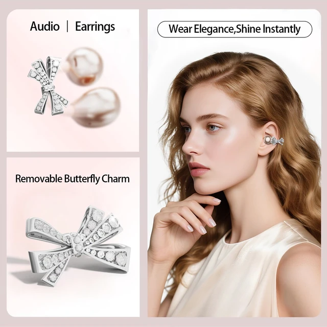Alt view image 4 of 7 - 2026 Open Ear Clip On Earbuds with Detachable Butterfly Earrings, Bluetooth 6.0 Wireless Headphones for Women, 50H Playtime, Lightweight & Pain-Free Fit for Small Ears, IPX6Great Gift (Gold)