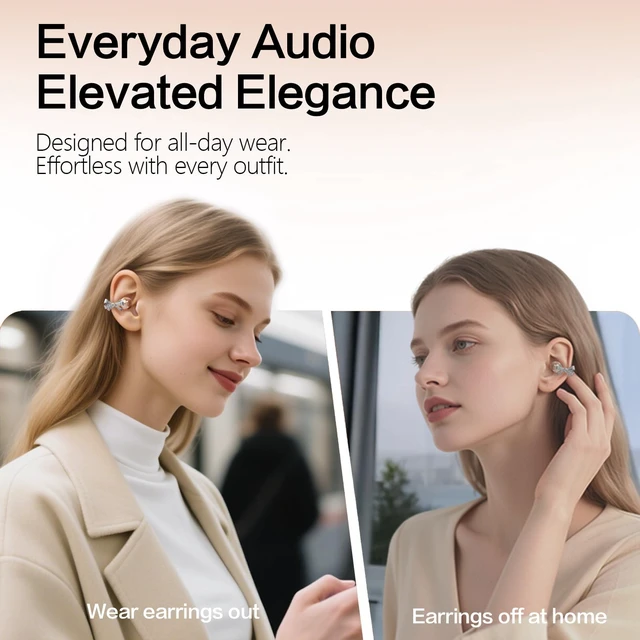 Alt view image 6 of 7 - 2026 Open Ear Clip On Earbuds with Detachable Butterfly Earrings, Bluetooth 6.0 Wireless Headphones for Women, 50H Playtime, Lightweight & Pain-Free Fit for Small Ears, IPX6Great Gift (Gold)