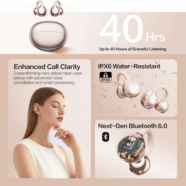 Alt view image 7 of 7 - 2026 Open Ear Clip On Earbuds with Detachable Butterfly Earrings, Bluetooth 6.0 Wireless Headphones for Women, 50H Playtime, Lightweight & Pain-Free Fit for Small Ears, IPX6Great Gift (Gold)