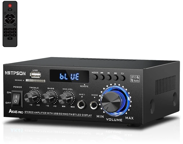 Main image of AK45 Pro Bluetooth Stereo Receiver& Amplifier,2CH RMS 50W x 2 (Peak 400W) 2 Channel Amp with FM Radio,USB/SD Inputs Remote Control, Wireless Power Amplifier for Home Theater Speakers,Karaoke,Garage