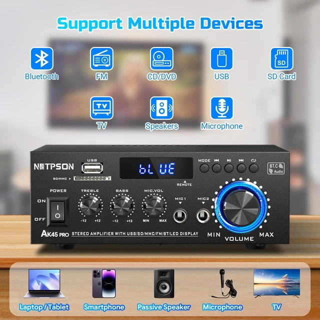 Alt view image 2 of 7 - AK45 Pro Bluetooth Stereo Receiver& Amplifier,2CH RMS 50W x 2 (Peak 400W) 2 Channel Amp with FM Radio,USB/SD Inputs Remote Control, Wireless Power Amplifier for Home Theater Speakers,Karaoke,Garage