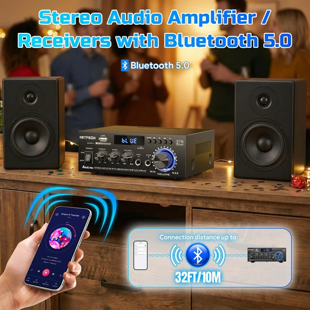 Alt view image 3 of 7 - AK45 Pro Bluetooth Stereo Receiver& Amplifier,2CH RMS 50W x 2 (Peak 400W) 2 Channel Amp with FM Radio,USB/SD Inputs Remote Control, Wireless Power Amplifier for Home Theater Speakers,Karaoke,Garage