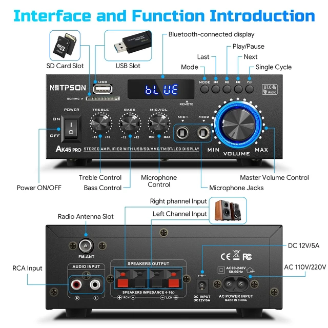 Alt view image 5 of 7 - AK45 Pro Bluetooth Stereo Receiver& Amplifier,2CH RMS 50W x 2 (Peak 400W) 2 Channel Amp with FM Radio,USB/SD Inputs Remote Control, Wireless Power Amplifier for Home Theater Speakers,Karaoke,Garage