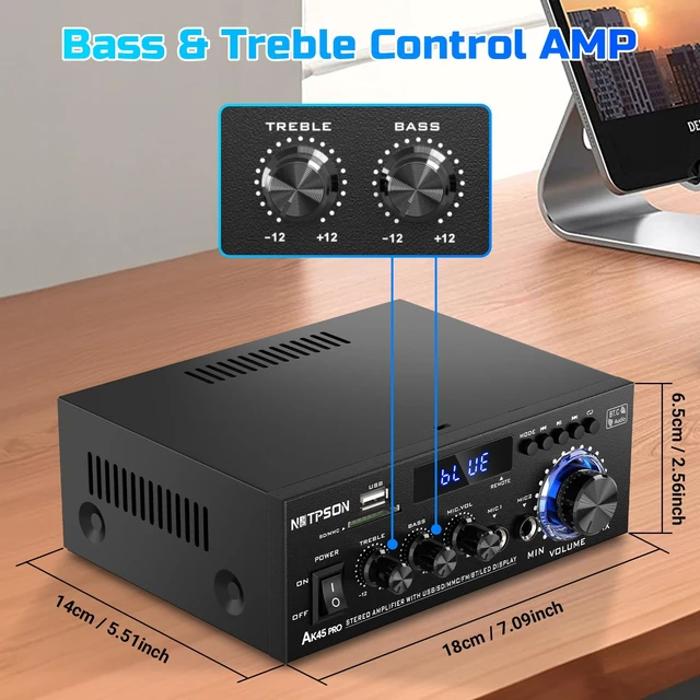 Alt view image 7 of 7 - AK45 Pro Bluetooth Stereo Receiver& Amplifier,2CH RMS 50W x 2 (Peak 400W) 2 Channel Amp with FM Radio,USB/SD Inputs Remote Control, Wireless Power Amplifier for Home Theater Speakers,Karaoke,Garage