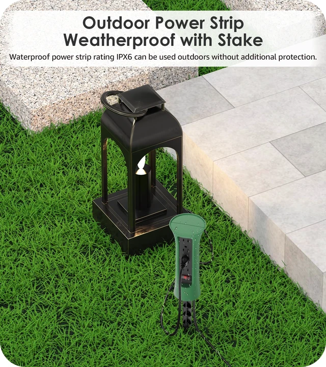 Alt view image 2 of 7 - Outdoor Power Strip Weatherproof with Stake, Waterproof Extension Cord with Multiple Outlets, Christmas Exterior Garden Decor, Yard, Camping, 4 Plugs, Surge Protector 10FT, Green