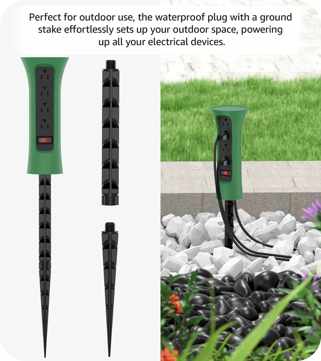 Alt view image 3 of 7 - Outdoor Power Strip Weatherproof with Stake, Waterproof Extension Cord with Multiple Outlets, Christmas Exterior Garden Decor, Yard, Camping, 4 Plugs, Surge Protector 10FT, Green