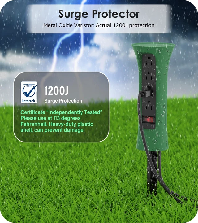 Alt view image 4 of 7 - Outdoor Power Strip Weatherproof with Stake, Waterproof Extension Cord with Multiple Outlets, Christmas Exterior Garden Decor, Yard, Camping, 4 Plugs, Surge Protector 10FT, Green