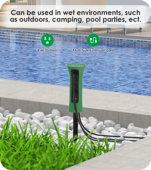 Alt view image 5 of 7 - Outdoor Power Strip Weatherproof with Stake, Waterproof Extension Cord with Multiple Outlets, Christmas Exterior Garden Decor, Yard, Camping, 4 Plugs, Surge Protector 10FT, Green