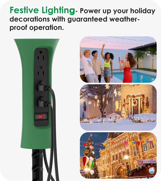 Alt view image 7 of 7 - Outdoor Power Strip Weatherproof with Stake, Waterproof Extension Cord with Multiple Outlets, Christmas Exterior Garden Decor, Yard, Camping, 4 Plugs, Surge Protector 10FT, Green