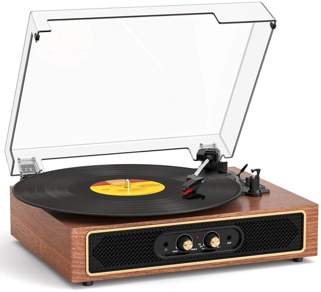 Main image of Retro Vinyl Record Player with Speaker, Bass/Treble Control,Walnut Compact 3-speed belt drive vintage turntable with Bluetooth input, auto stop, RCA/AUX/headphone jack, retro home décor gift
