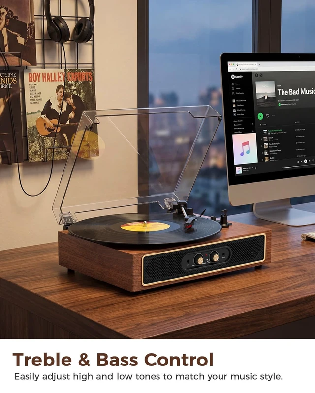 Alt view image 4 of 7 - Retro Vinyl Record Player with Speaker, Bass/Treble Control,Walnut Compact 3-speed belt drive vintage turntable with Bluetooth input, auto stop, RCA/AUX/headphone jack, retro home décor gift