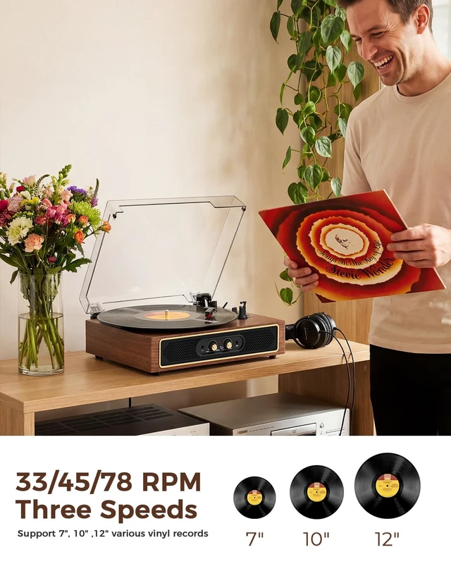 Alt view image 3 of 7 - Retro Vinyl Record Player with Speaker, Bass/Treble Control,Walnut Compact 3-speed belt drive vintage turntable with Bluetooth input, auto stop, RCA/AUX/headphone jack, retro home décor gift