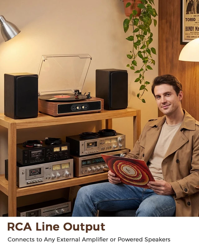 Alt view image 5 of 7 - Retro Vinyl Record Player with Speaker, Bass/Treble Control,Walnut Compact 3-speed belt drive vintage turntable with Bluetooth input, auto stop, RCA/AUX/headphone jack, retro home décor gift
