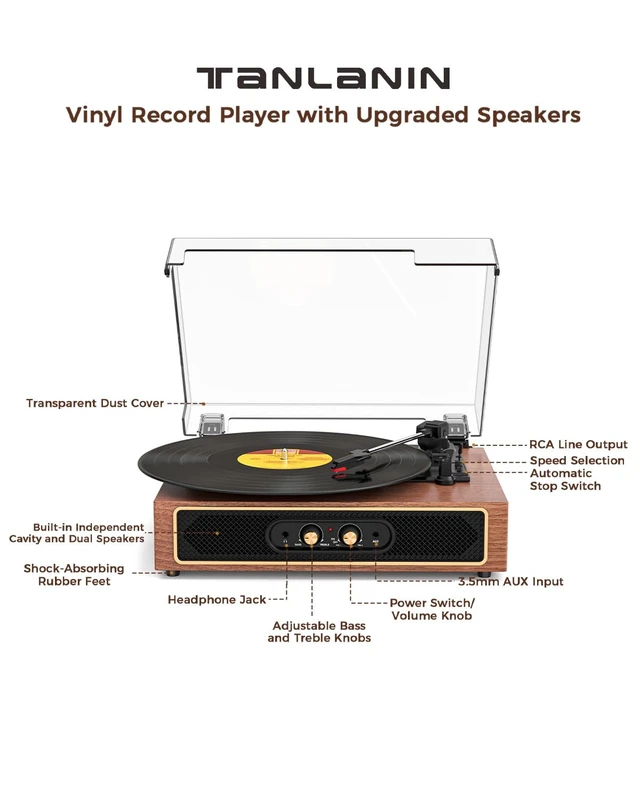 Alt view image 6 of 7 - Retro Vinyl Record Player with Speaker, Bass/Treble Control,Walnut Compact 3-speed belt drive vintage turntable with Bluetooth input, auto stop, RCA/AUX/headphone jack, retro home décor gift