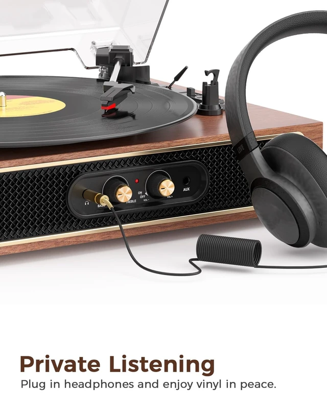 Alt view image 7 of 7 - Retro Vinyl Record Player with Speaker, Bass/Treble Control,Walnut Compact 3-speed belt drive vintage turntable with Bluetooth input, auto stop, RCA/AUX/headphone jack, retro home décor gift