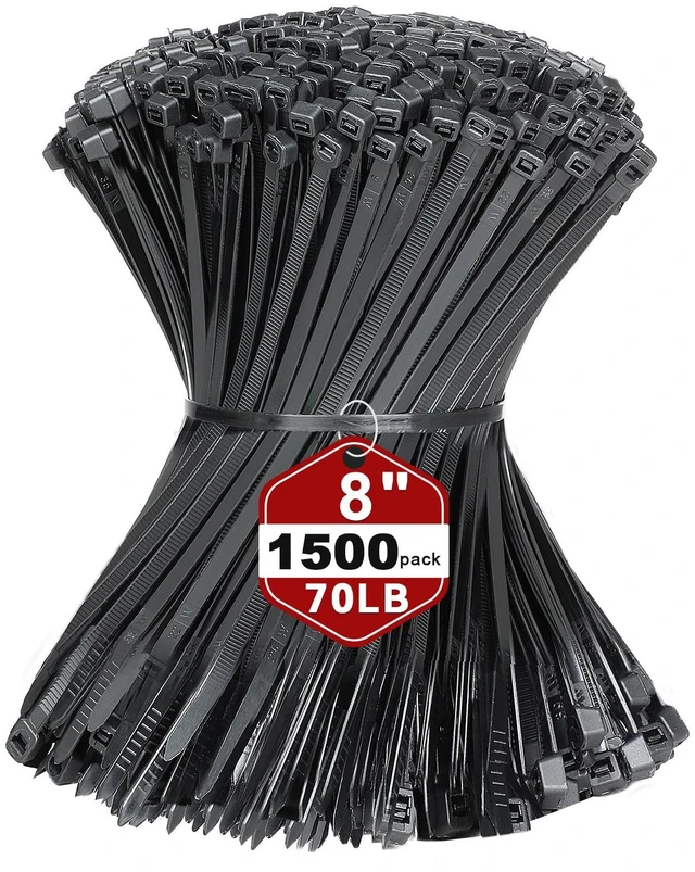 Main image of 8 Inch Black Nylon Zip Ties, 1500 Pack Self-Locking 70lb Tensile UV Resistant Construction, HeavyDuty Performance, Suitable For Both Indoor And Outdoor Securing Applications