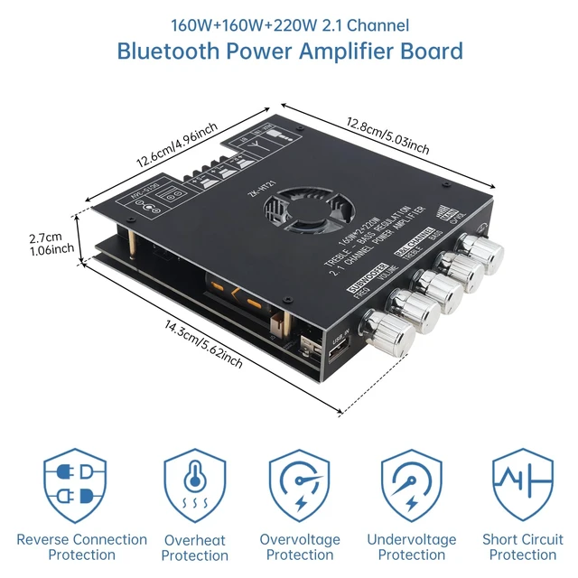 Alt view image 2 of 7 - ZK-HT21 Bluetooth Amplifier Board TDA7498E 2.1 Channel 160W x 2 + 220W Mini amp module. quickly connects. Fits car audio speakers/home theater. with bass,treble,subwoofer and volume control
