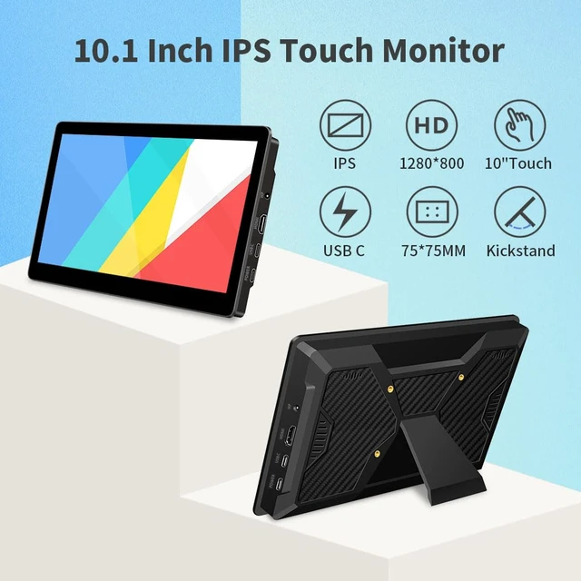Alt view image 2 of 7 - 10.1 Touch Screen Monitor, IPS 1280x800 Small USB-C Secondary Display, 10-Point Touch, HDMI, VESA, Dual Speakers, Mini Monitor for Laptop PC Rasp Pi