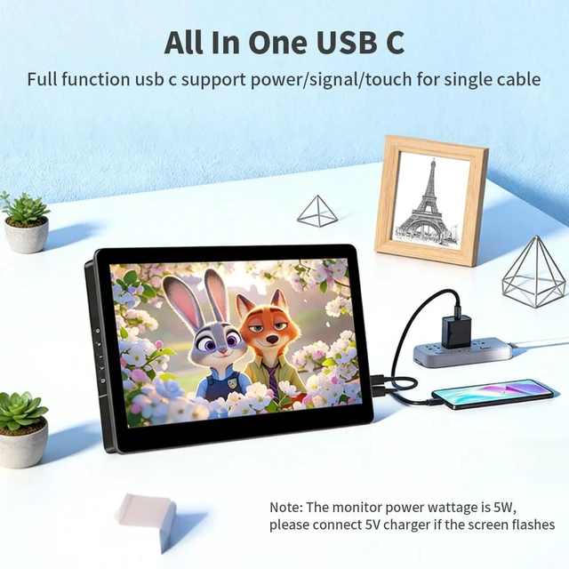 Alt view image 4 of 7 - 10.1 Touch Screen Monitor, IPS 1280x800 Small USB-C Secondary Display, 10-Point Touch, HDMI, VESA, Dual Speakers, Mini Monitor for Laptop PC Rasp Pi