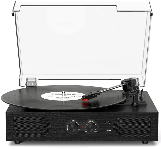 Main image of Vinyl Record Player with Built-in Speakers 3-Speed Vintage Record Player Support Treble& Bass Control, 3.5mm Headphone Jack, RCA-Out/Aux in, Belt-Driven LP Turntable,Black Wood