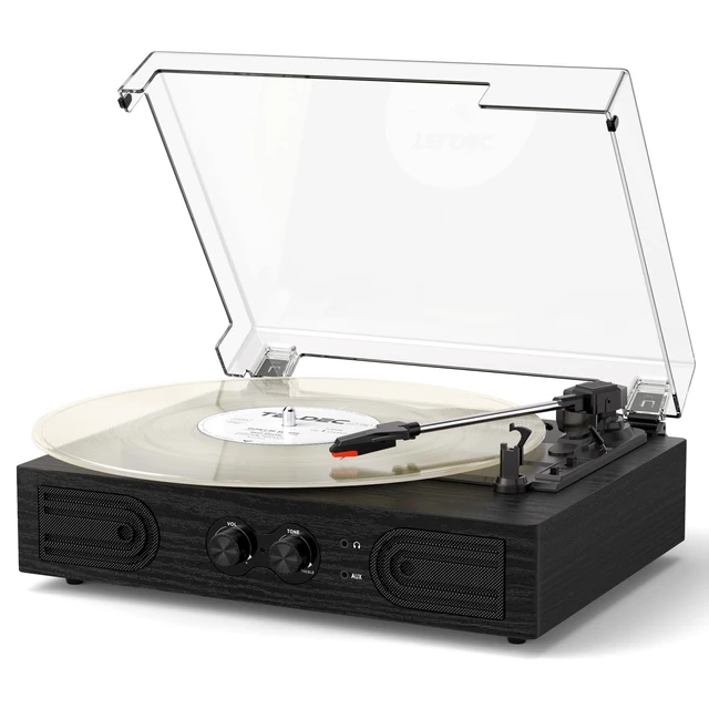 Alt view image 2 of 7 - Vinyl Record Player with Built-in Speakers 3-Speed Vintage Record Player Support Treble& Bass Control, 3.5mm Headphone Jack, RCA-Out/Aux in, Belt-Driven LP Turntable,Black Wood