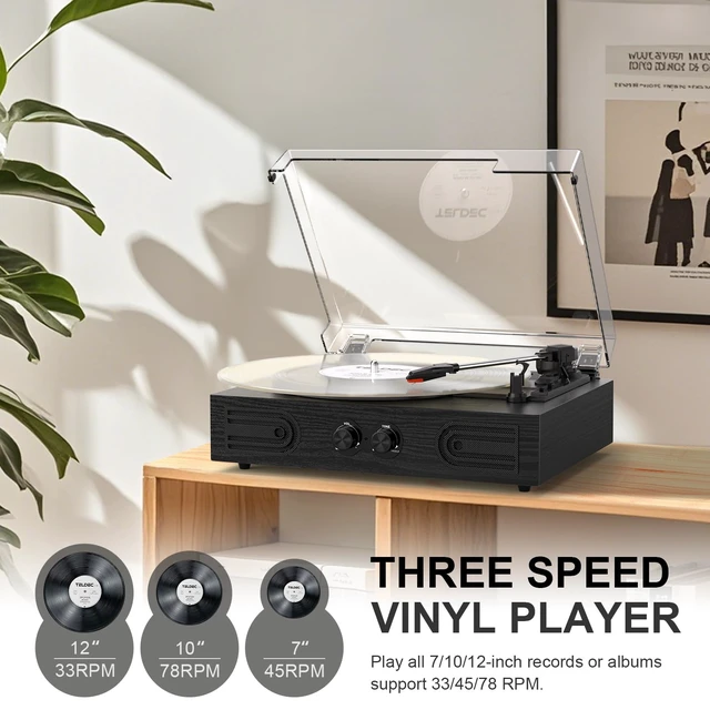 Alt view image 3 of 7 - Vinyl Record Player with Built-in Speakers 3-Speed Vintage Record Player Support Treble& Bass Control, 3.5mm Headphone Jack, RCA-Out/Aux in, Belt-Driven LP Turntable,Black Wood