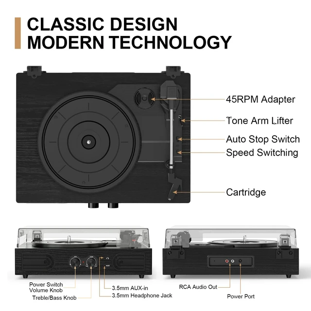 Alt view image 4 of 7 - Vinyl Record Player with Built-in Speakers 3-Speed Vintage Record Player Support Treble& Bass Control, 3.5mm Headphone Jack, RCA-Out/Aux in, Belt-Driven LP Turntable,Black Wood