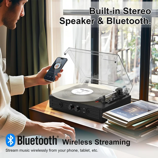 Alt view image 5 of 7 - Vinyl Record Player with Built-in Speakers 3-Speed Vintage Record Player Support Treble& Bass Control, 3.5mm Headphone Jack, RCA-Out/Aux in, Belt-Driven LP Turntable,Black Wood