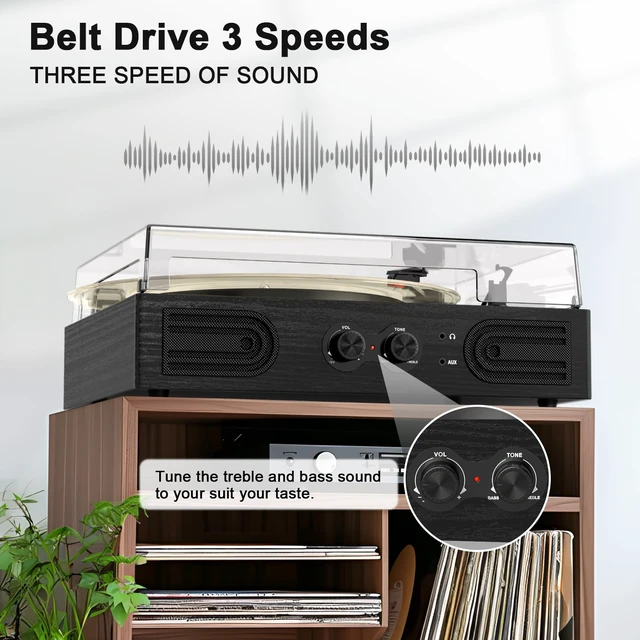 Alt view image 6 of 7 - Vinyl Record Player with Built-in Speakers 3-Speed Vintage Record Player Support Treble& Bass Control, 3.5mm Headphone Jack, RCA-Out/Aux in, Belt-Driven LP Turntable,Black Wood