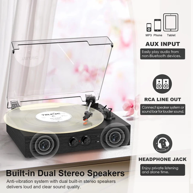 Alt view image 7 of 7 - Vinyl Record Player with Built-in Speakers 3-Speed Vintage Record Player Support Treble& Bass Control, 3.5mm Headphone Jack, RCA-Out/Aux in, Belt-Driven LP Turntable,Black Wood