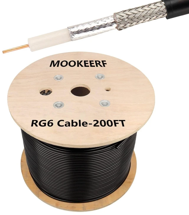 Main image of MOOOKEERF RG6 Coaxial Cable 200FT, 18 AWG 75 Ohm RG6 Dual Shield Cable with Pure Copper Conductor for Broadcast, Satellite, and Cellular Applications,Black