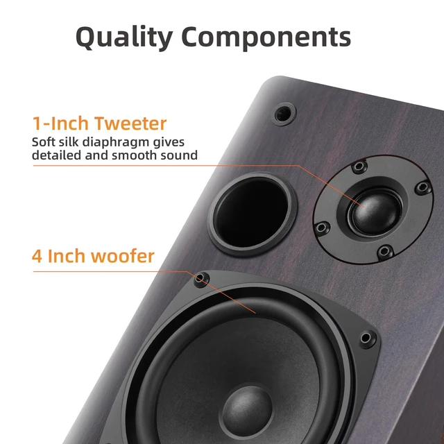 Alt view image 3 of 7 - Passive Bookshelf Speakers, Requires a Receiver or Amplifier,Walnut 2-Way Design with 4" Woofer & 1" Silk Horn Tweeter, Stereo Speakers for Home Theater Surround Sound, Cables included