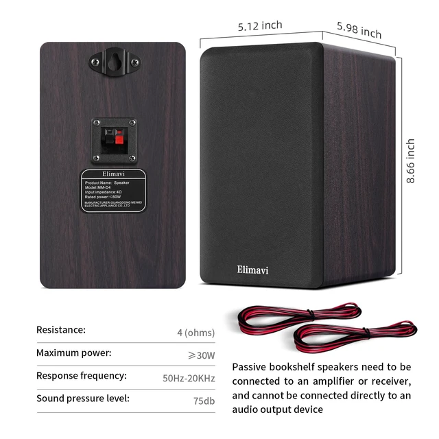 Alt view image 7 of 7 - Passive Bookshelf Speakers, Requires a Receiver or Amplifier,Walnut 2-Way Design with 4" Woofer & 1" Silk Horn Tweeter, Stereo Speakers for Home Theater Surround Sound, Cables included