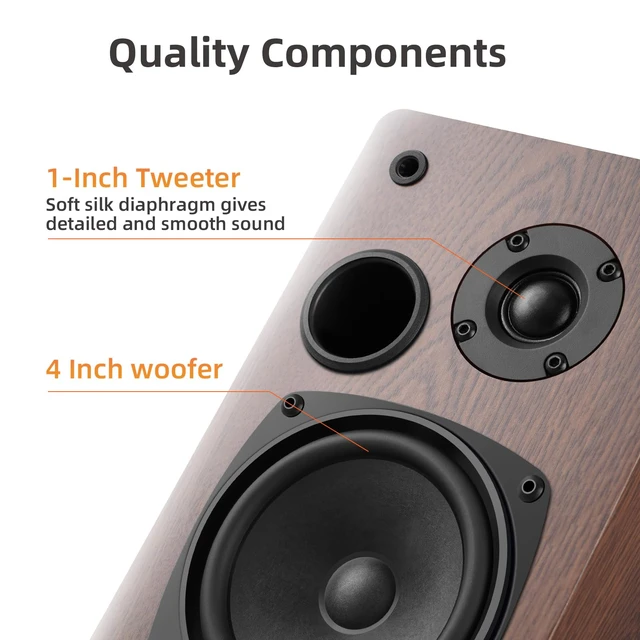 Alt view image 3 of 7 - Passive Bookshelf Speakers, Requires a Receiver or Amplifier, Brown 2-Way Design with 4" Woofer & 1" Silk Horn Tweeter, Stereo Speakers for Home Theater Surround Sound, Cables included