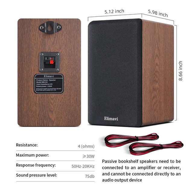 Alt view image 7 of 7 - Passive Bookshelf Speakers, Requires a Receiver or Amplifier, Brown 2-Way Design with 4" Woofer & 1" Silk Horn Tweeter, Stereo Speakers for Home Theater Surround Sound, Cables included