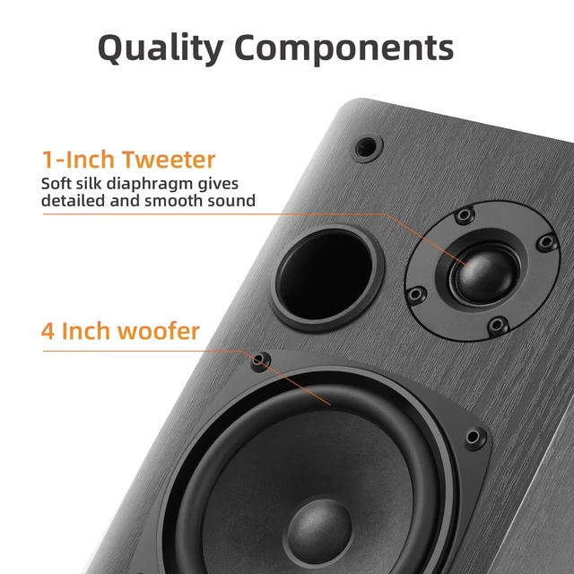 Alt view image 3 of 7 - Passive Bookshelf Speakers, Requires a Receiver or Amplifier, Black 2-Way Design with 4" Woofer & 1" Silk Horn Tweeter, Stereo Speakers for Home Theater Surround Sound, Cables included