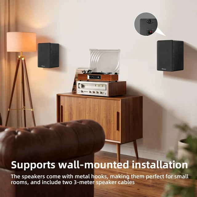 Alt view image 4 of 7 - Passive Bookshelf Speakers, Requires a Receiver or Amplifier, Black 2-Way Design with 4" Woofer & 1" Silk Horn Tweeter, Stereo Speakers for Home Theater Surround Sound, Cables included