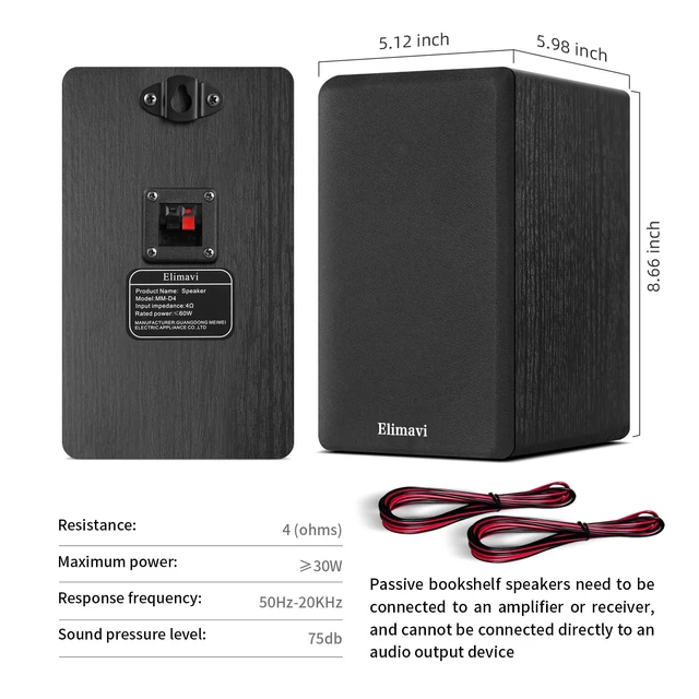 Alt view image 7 of 7 - Passive Bookshelf Speakers, Requires a Receiver or Amplifier, Black 2-Way Design with 4" Woofer & 1" Silk Horn Tweeter, Stereo Speakers for Home Theater Surround Sound, Cables included