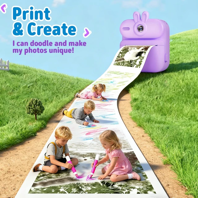 Alt view image 4 of 7 - Instant Print Camera for Kids: 1080P Kids Camera Instant Print - 32G SD Card - Lanyard - Christmas Birthday Gifts for Girls Boys - Portable Toy for 3 4 5 6 7 8 9 10 Years Old, Purple Rabbit
