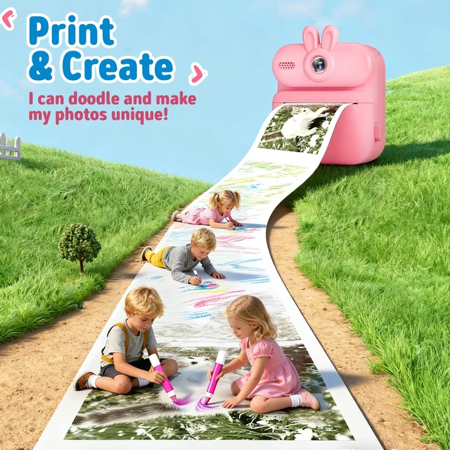 Alt view image 4 of 7 - Kids Camera Instant Print: 1080P Camera for Kids, Pink Rabbit Instant Camera, 32G SD Card - Lanyard - Christmas Birthday Gifts for Girls Boys - Portable Toy for 3 4 5 6 7 8 9 10 Years Old