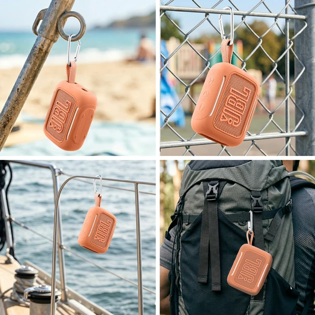 Alt view image 5 of 7 - for JBL Go 5 Waterproof Bluetooth Speaker Silicone Cover, Orange Snug Fit, Portable Carabiner Clip, Shock Absorption, Drop Protection, Travel Lightweight Design, Protective Skin Case